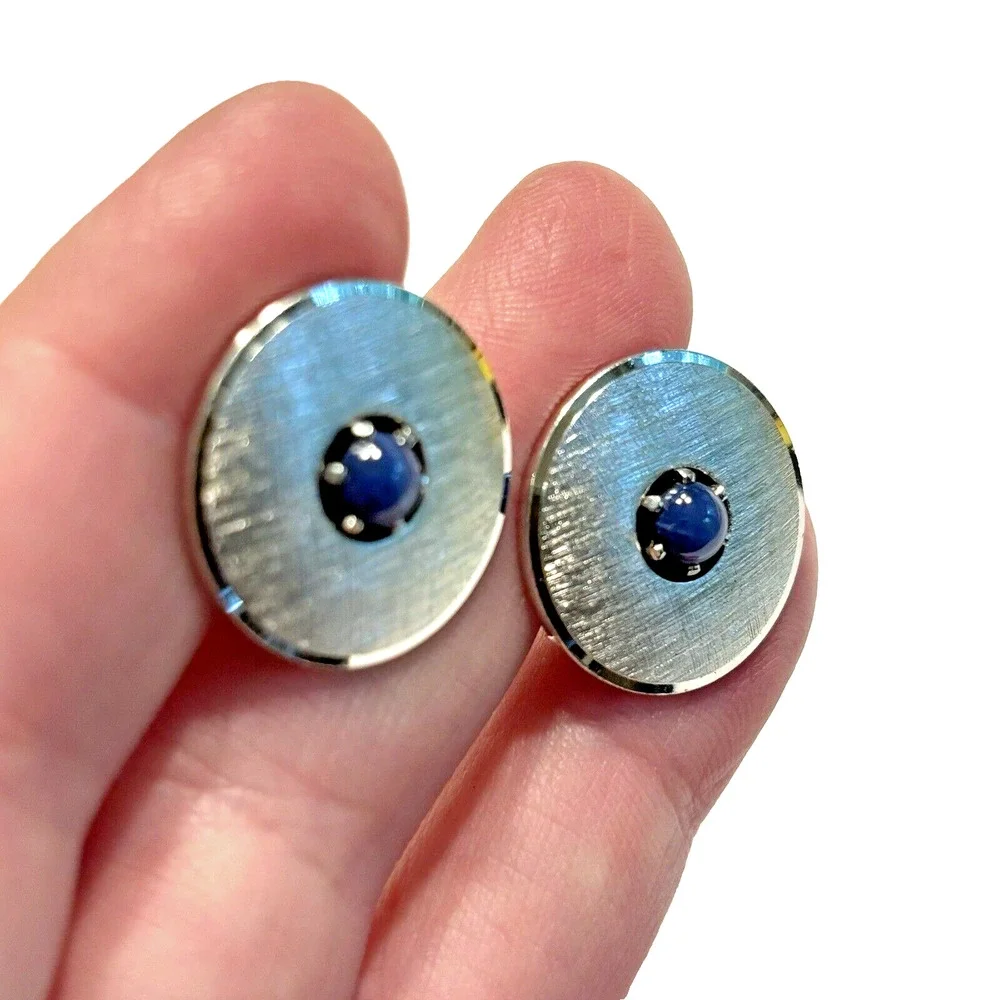Vintage Anson Sterling Silver Cufflinks Brushed Discs with Blue Center Stones